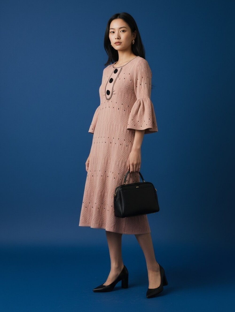Blush Pink 100% Cotton Knit Midi Dress Bell Sleeve S Parisian Style Feminine